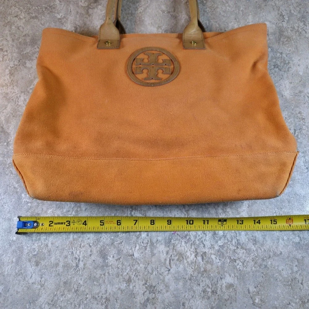 Tory Burch Rustic Fall Pumpkin Orange Canvas Leather Large Tote Bag Floral Lined